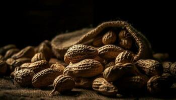 salutare Noce merenda nel rustico tela ruvida sacco generato di ai foto