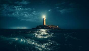 illuminato faro guide navi attraverso buio paesaggio marino generato di ai foto