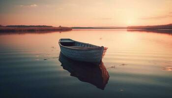 tranquillo tramonto su acqua, barca a remi mezzi di trasporto casa generato di ai foto