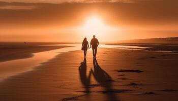 silhouette di coppia a piedi su spiaggia a tramonto generato di ai foto