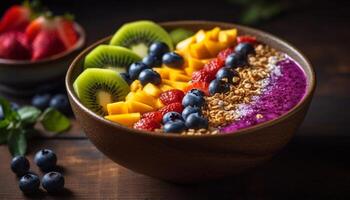 salutare ciotola di Yogurt, frutti di bosco, e muesli generato di ai foto