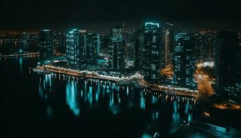 illuminato città orizzonte riflette su lungomare a crepuscolo generato di ai foto