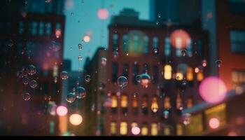 illuminato grattacieli riflettere su bagnato città strade generato di ai foto