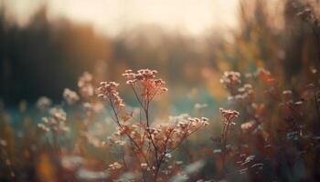 tramonto prato, fiori selvatici fioritura nel natura bellezza generato di ai foto