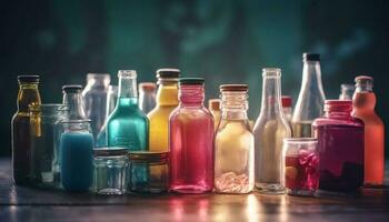 Multi colorato liquido nel bicchiere borraccia per scientifico sperimentare generato di ai foto