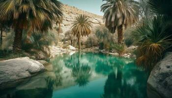 tranquillo scena di palma alberi di bordo piscina generato di ai foto