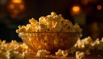 fresco Popcorn nel giallo secchio per film notte generato di ai foto