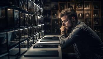 uno grave uomo d'affari lettura nel buio biblioteca generato di ai foto