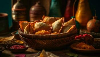 appena fritte croccante verdura merenda nel rustico ciotola generato di ai foto