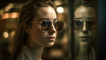 giovane donne nel occhiali da sole trasudare fiducia all'aperto generativo ai foto