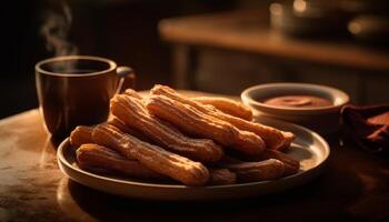 indulgente fatti in casa dolce su rustico di legno piatto generativo ai foto