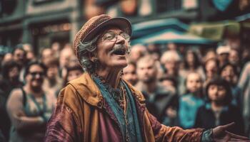 folla di allegro persone nel tradizionale capi di abbigliamento danza generativo ai foto