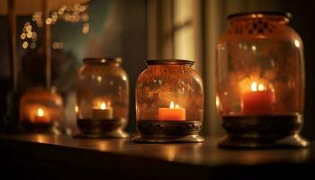 raggiante candela si illumina buio camera con la tranquillità generato di ai foto