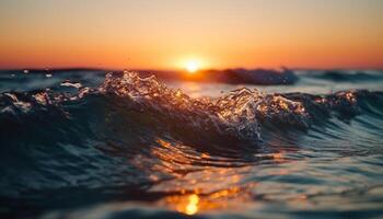 tramonto al di sopra di acqua onde spruzzi su sabbia generato di ai foto