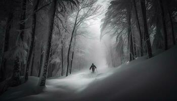 silhouette a piedi attraverso nebbioso inverno foresta solo generato di ai foto