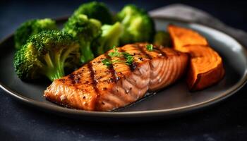 grigliato salmone filetto con asparago e broccoli generato di ai foto