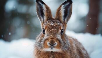 soffice giovane coniglio seduta nel il neve generato di ai foto