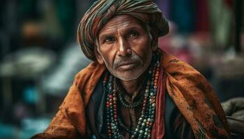 sorridente sadhu seduta all'aperto nel tradizionale capi di abbigliamento generato di ai foto