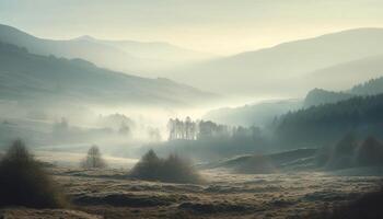 misterioso montagna paesaggio a alba tranquillo bellezza generato di ai foto