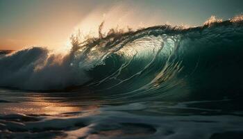 uomini fare surf nel tropicale bali a tramonto generato di ai foto