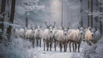 cornuto cervo pascolare nel nevoso foresta paesaggio generato di ai foto