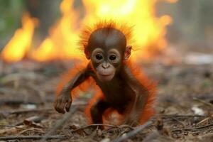 giocoso bambino orangutan esplorando il fuoco lussureggiante verde foreste. generativo ai foto