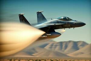 combattente Jet Soaring sopra un' mozzafiato deserto paesaggio. generativo ai foto