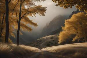 autunno paesaggio con giallo larici nel il foresta e nebbia. generativo ai foto