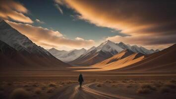 escursionista nel il deserto a tramonto. generativo ai foto