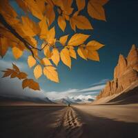 autunno paesaggio con un' uomo a piedi nel il deserto. generativo ai foto