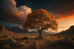 fantasia paesaggio con un' albero nel il deserto. generativo ai foto