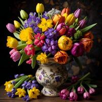 mazzo di tulipani e giacinti nel un' vaso su un' buio sfondo. generativo ai foto