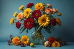 mazzo di diverso fiori nel vaso su blu sfondo. generativo ai foto