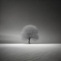 inverno paesaggio con un' solitario albero nel il mezzo di il deserto. generativo ai foto