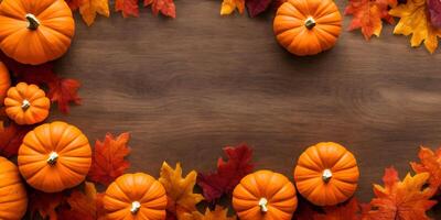 autunno zucca con giallo fiore, petali e fresco le foglie su fioritura pianta, ringraziamento sfondo di legno tavolo, ai generato foto