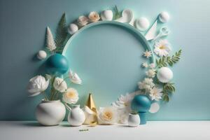 telaio con Pasqua uova, fiori e decorazioni su blu sfondo. generativo ai foto