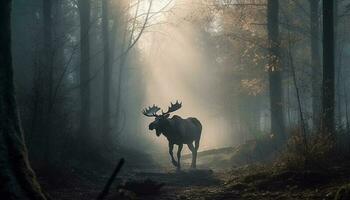 cornuto cervo a piedi attraverso nebbioso foresta generato di ai foto