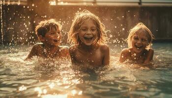 sorridente bambini spruzzi nel il piscina insieme generato di ai foto