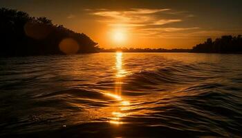 tramonto riflessione su tranquillo acqua, natura bellezza generato di ai foto