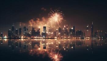 città orizzonte si accende con vivace fuoco d'artificio Schermo generato di ai foto