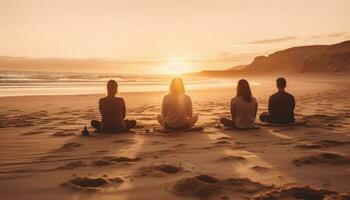 gruppo di amici godendo yoga su spiaggia generato di ai foto