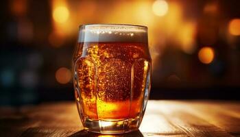 schiumoso birra nel oro pinta bicchiere, Perfetto celebrazione generato di ai foto