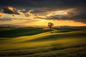 bellissimo paesaggio campagna con verde prato su il collina creato con generativo ai tecnologia. foto