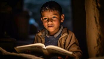 un' carino scolaro lettura un' immagine prenotare, godendo infanzia gioia generato di ai foto