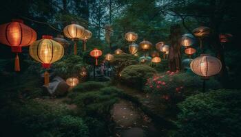 Cinese carta lanterne illuminare foresta, festeggiare tradizionale cultura all'aperto generato di ai foto