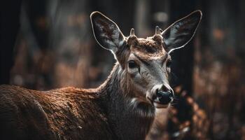 vicino su ritratto di un' carino cervo con cornuto testa generato di ai foto