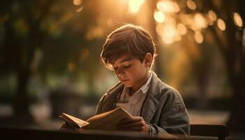 uno ragazzo seduta all'aperto, studiando letteratura, godendo autunno natura generato di ai foto