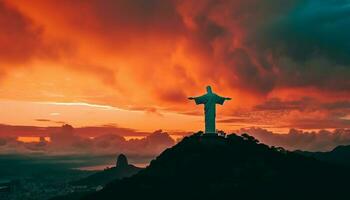 silhouette di un' uomo preghiere a montagna picco, Dio bellezza generato di ai foto
