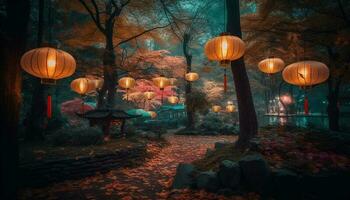 spaventoso lanterna si illumina autunno foresta, animale simbolo nel sfondo mistero generato di ai foto