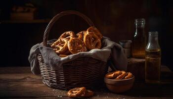 rustico di vimini cestino detiene fatti in casa buongustaio pasto con biologico ingredienti generato di ai foto